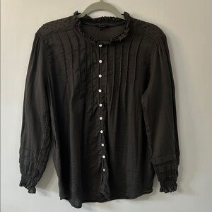 Quince Blouse Women’s L Charcoal Ruffle Collar Pintuck Organic Cotton Peasant